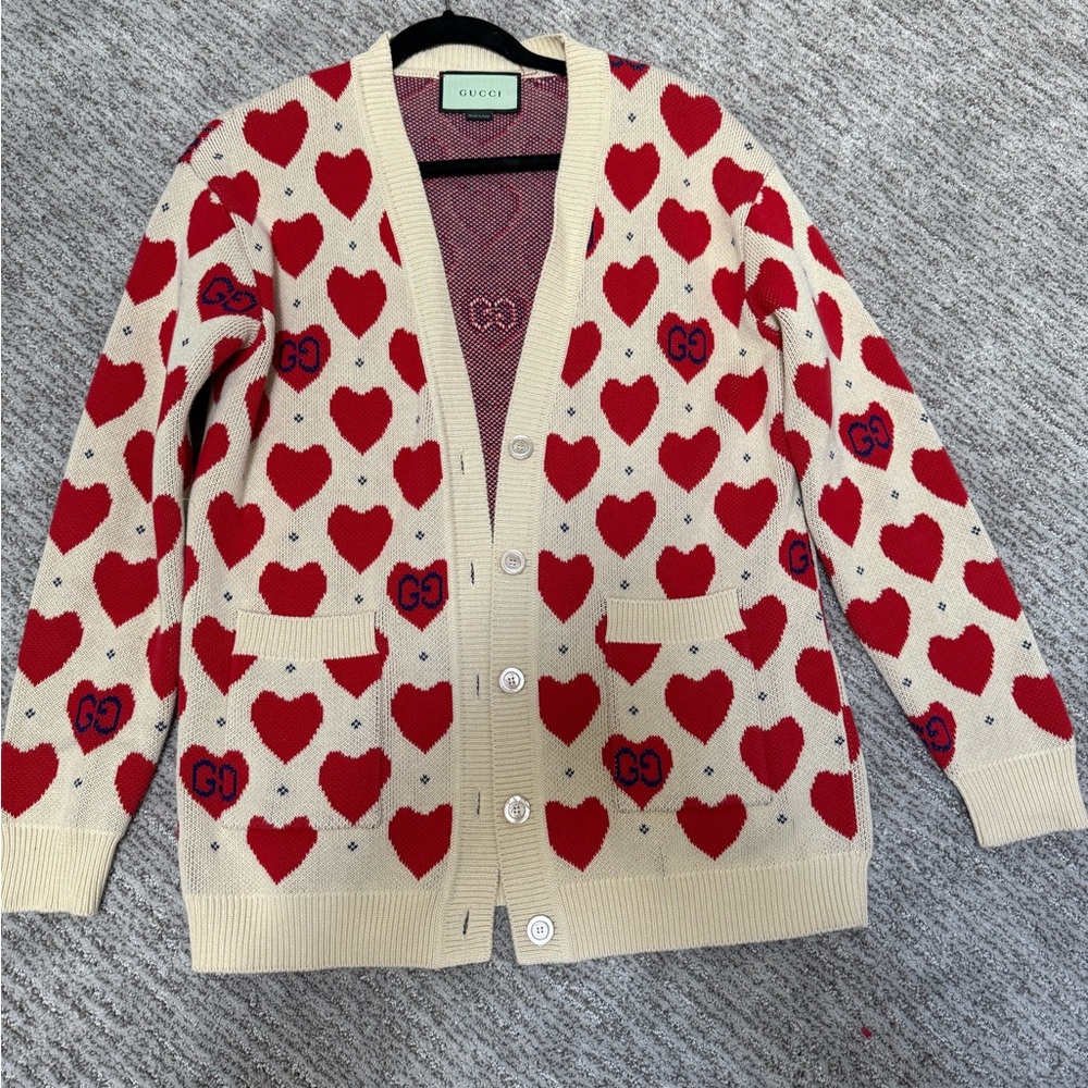 Gucci Beige and Red Heart Cardigan
